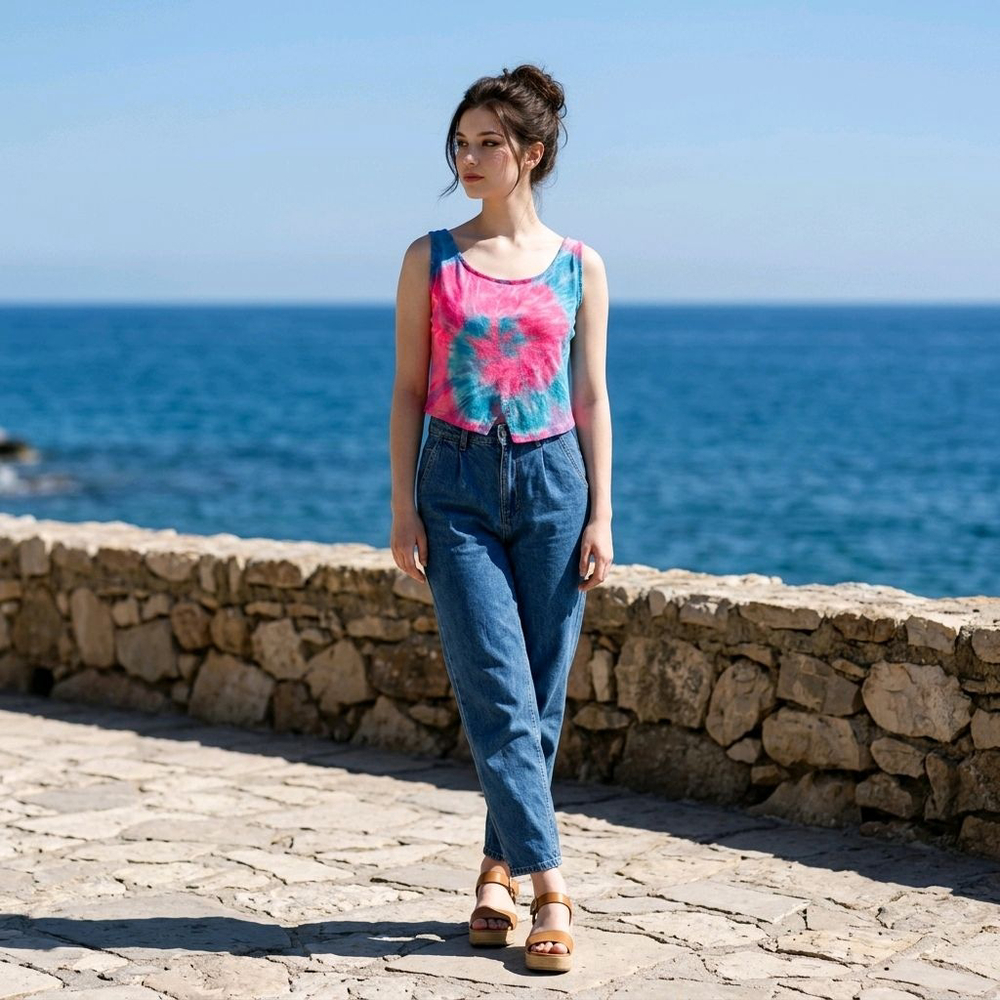 Women's Retro Neon Tie-Dye Reversible Crop Tank Top S Pink Blue Y2K 90s Summer